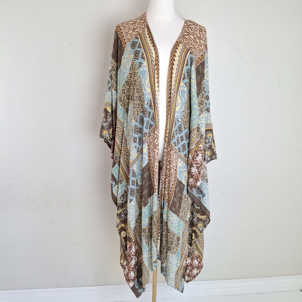 Easel See You Again Boho Patchwork Print Long Kimono Cardigan Sz S